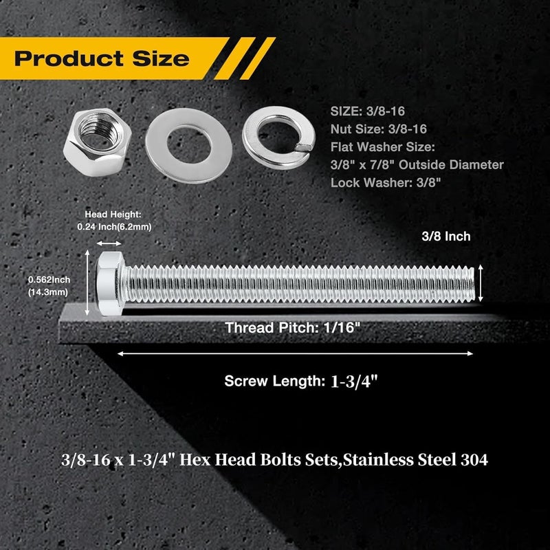 KATUNA (8Set) 3/8-16 x 1-3/4" Complete Set Hex Head Screw Bolts,Nuts,Fender Flat washers,Split Lock Washers,Fully Threaded, Stainless Steel 18-8（304）, Bright Finish. - Image 3